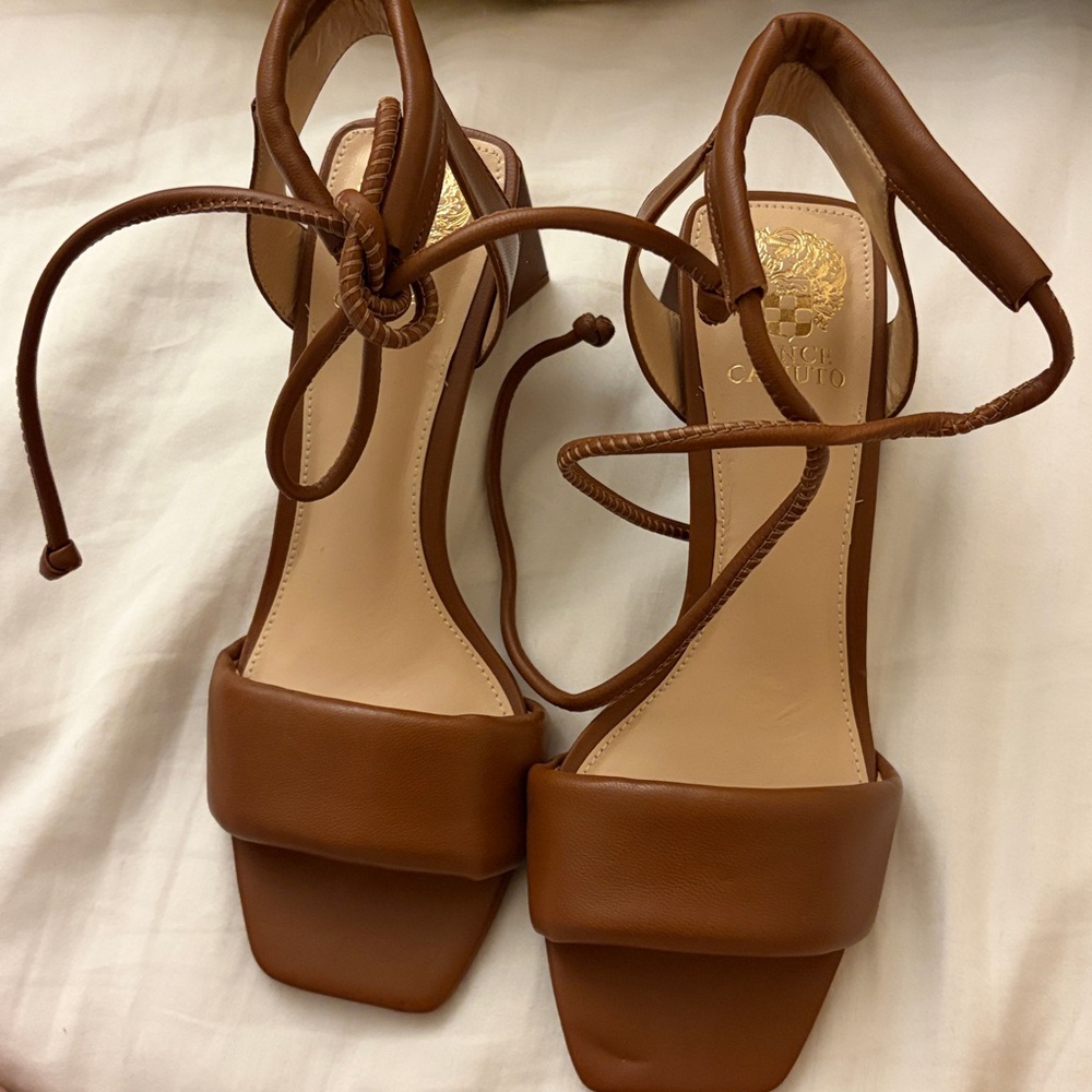 Vince Camuto Tan Leather Ankle-Tie Block Heel Sandal - Picture 3 of 4